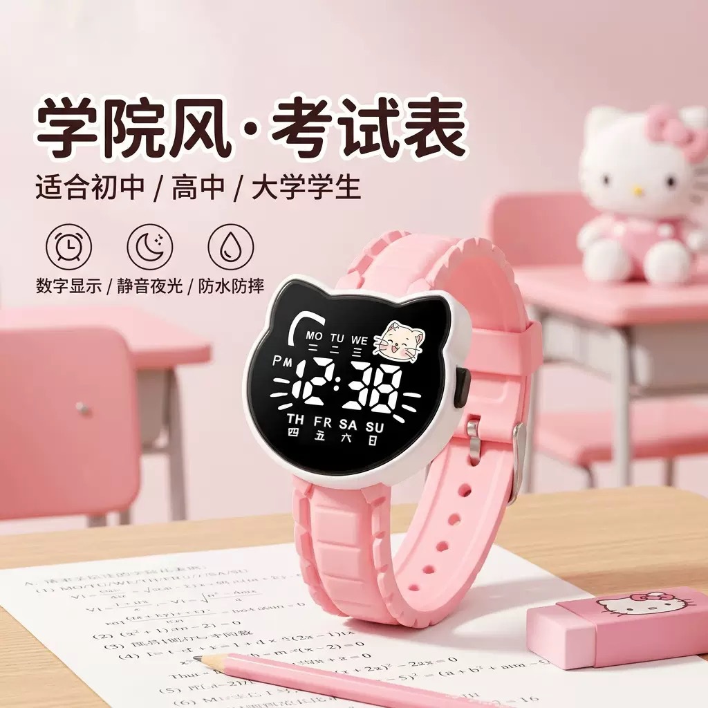 Kitty猫手表女韩版简约中小学生高颜值LED夜光日历儿童学生电子表